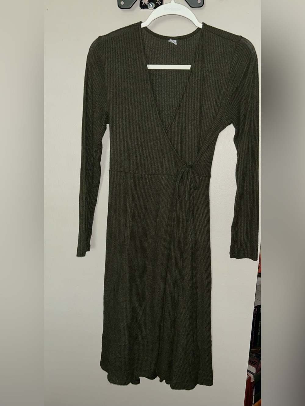 Old Navy Olive Ribbed Wrap-Front Long Sleeve Dress